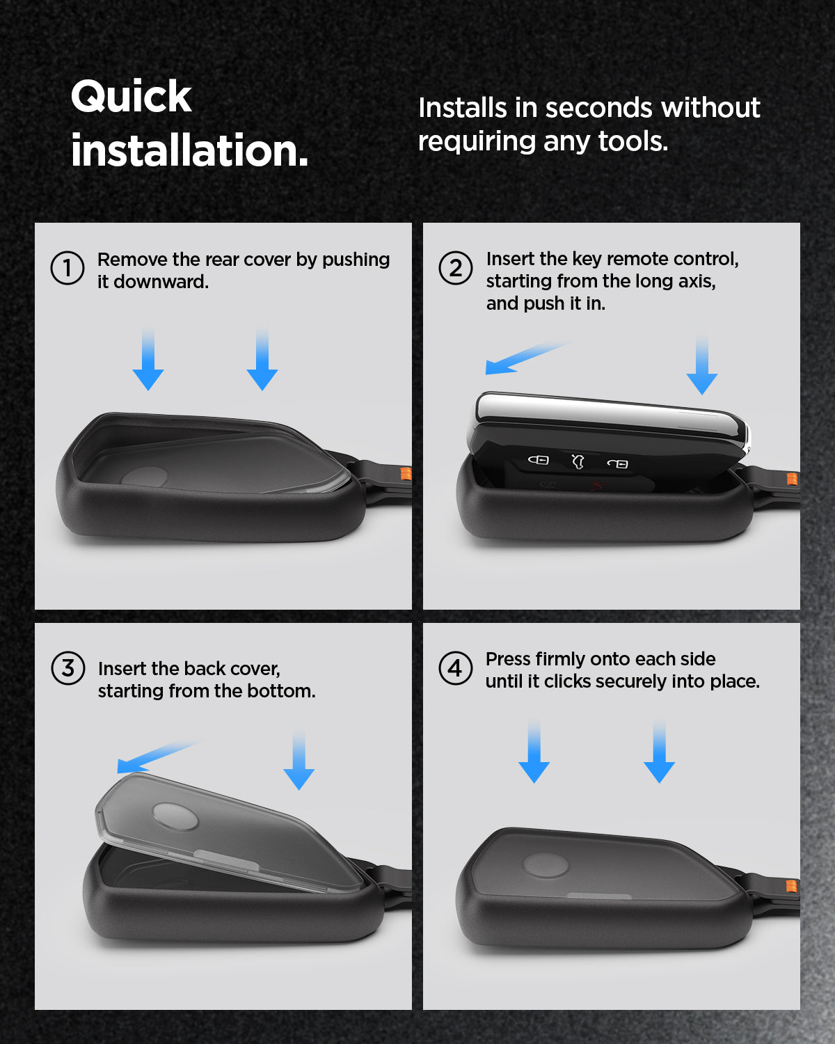 ACS10426 - Volkswagen Key Fob Cover | VK100 in Matte Black showing the quick installation. 1. Remove the rear cover by pushing it downward 2. Insert the key remote control starting from the long axis, and push it in 3. Insert the back cover, starting from the bottom 4. Press firmly onto each side until it clicks securely into place.