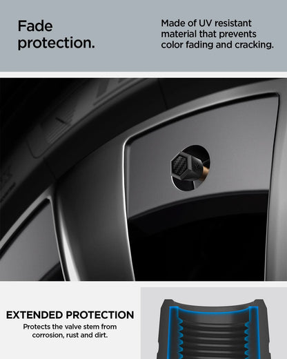 ACP09331 - Tesla Series Valve Stem Cover VS100 showing fade protection. Made of UV resistant material that prevents color fading and cracking. Extended protection. Protects the valve stem from corrosion, rust and dirt.