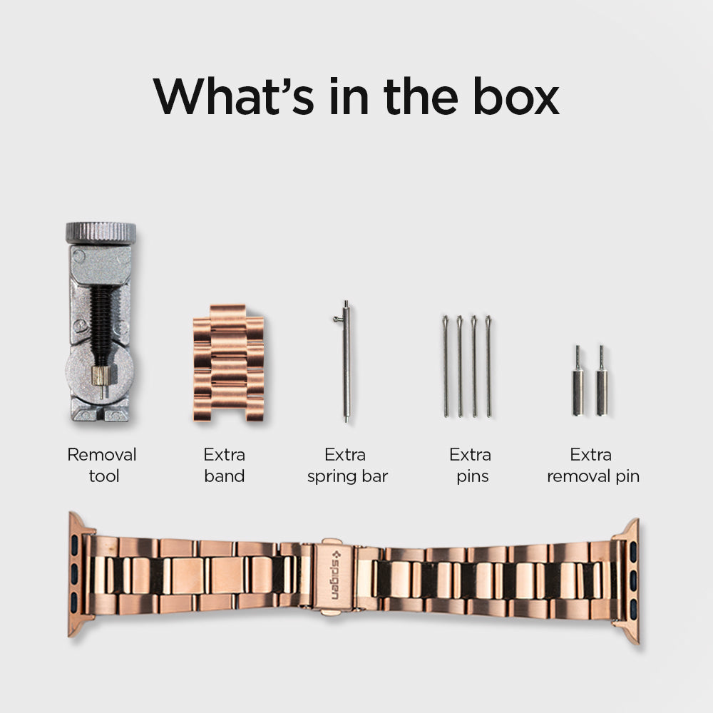 061MP25944 - Apple Watch Series 11/10 42mm, 9/8/7 41mm, SE3/SE2/SE/6/5/4 40mm, 3/2/1 38mm Modern Fit Rose Gold showing what's in the box. Removal tool. extra band, extra spring bar, extra pins, extra removal pin