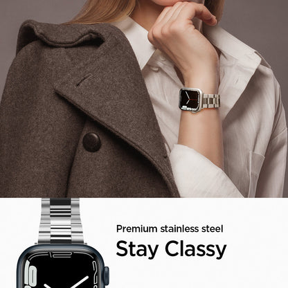 061MP25943 - Apple Watch Series 11/10 42mm, 9/8/7 41mm, SE3/SE2/SE/6/5/4 40mm, 3/2/1 38mm Modern Fit Silver showing premium stainless steel. stay classy