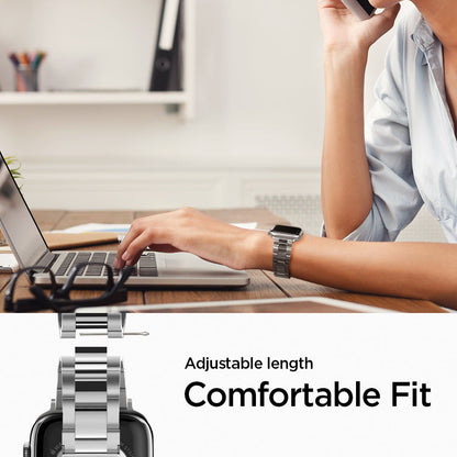 061MP25943 - Apple Watch Series 11/10 42mm, 9/8/7 41mm, SE3/SE2/SE/6/5/4 40mm, 3/2/1 38mm Modern Fit Silver showing adjustable length. comfortable fit.