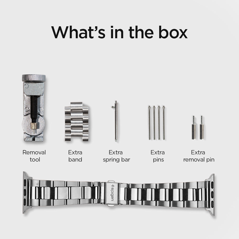 061MP25943 - Apple Watch Series 11/10 42mm, 9/8/7 41mm, SE3/SE2/SE/6/5/4 40mm, 3/2/1 38mm Modern Fit Silver showing what's in the box. Removal tool. extra band, extra spring bar, extra pins, extra removal pin