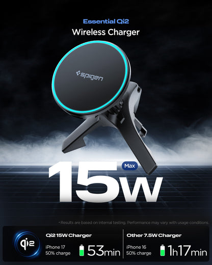 ACP10513 - Spigen Essential Qi2 Wireless Car Charger showing magnetic charging pad with air vent mount and 15W output highlight