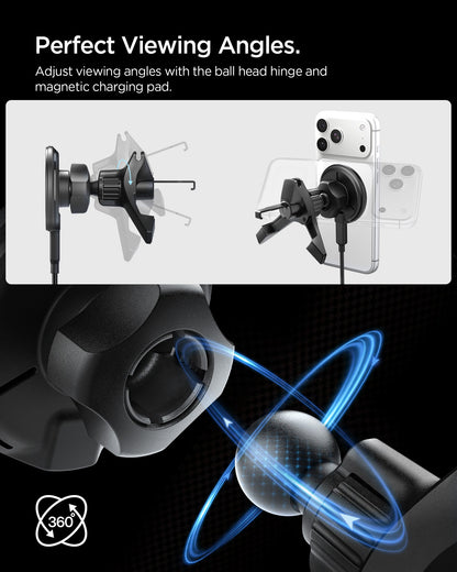 ACP10513 - Spigen Essential Qi2 Wireless Car Charger showing adjustable viewing angles with ball joint and magnetic charging pad