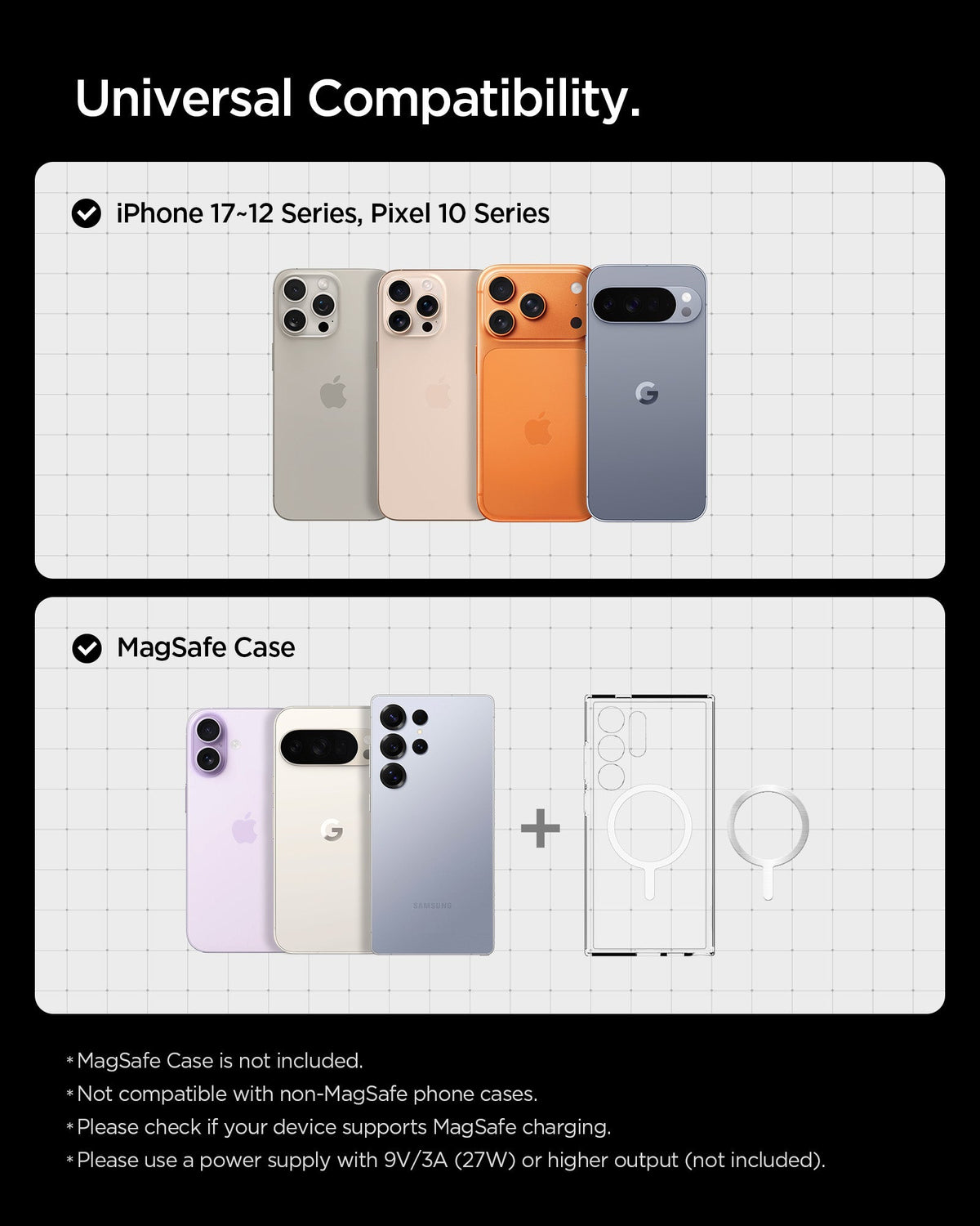 ACP10513 - Spigen Essential Qi2 Wireless Car Charger showing compatibility with iPhone and Pixel devices using MagSafe cases