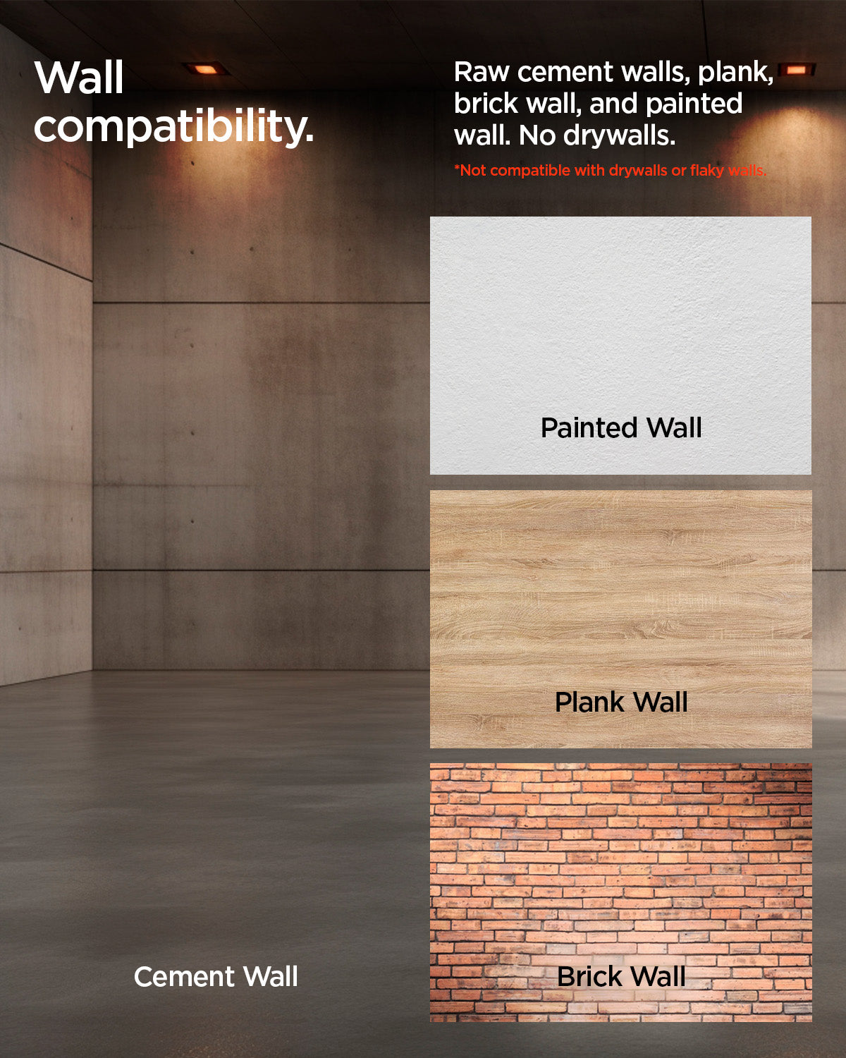 ACP10400 - Garage Wall Protector | WP100 showing the wall compatibility. Raw cement walls, plank, brick wall, and painted wall. No drywalls
