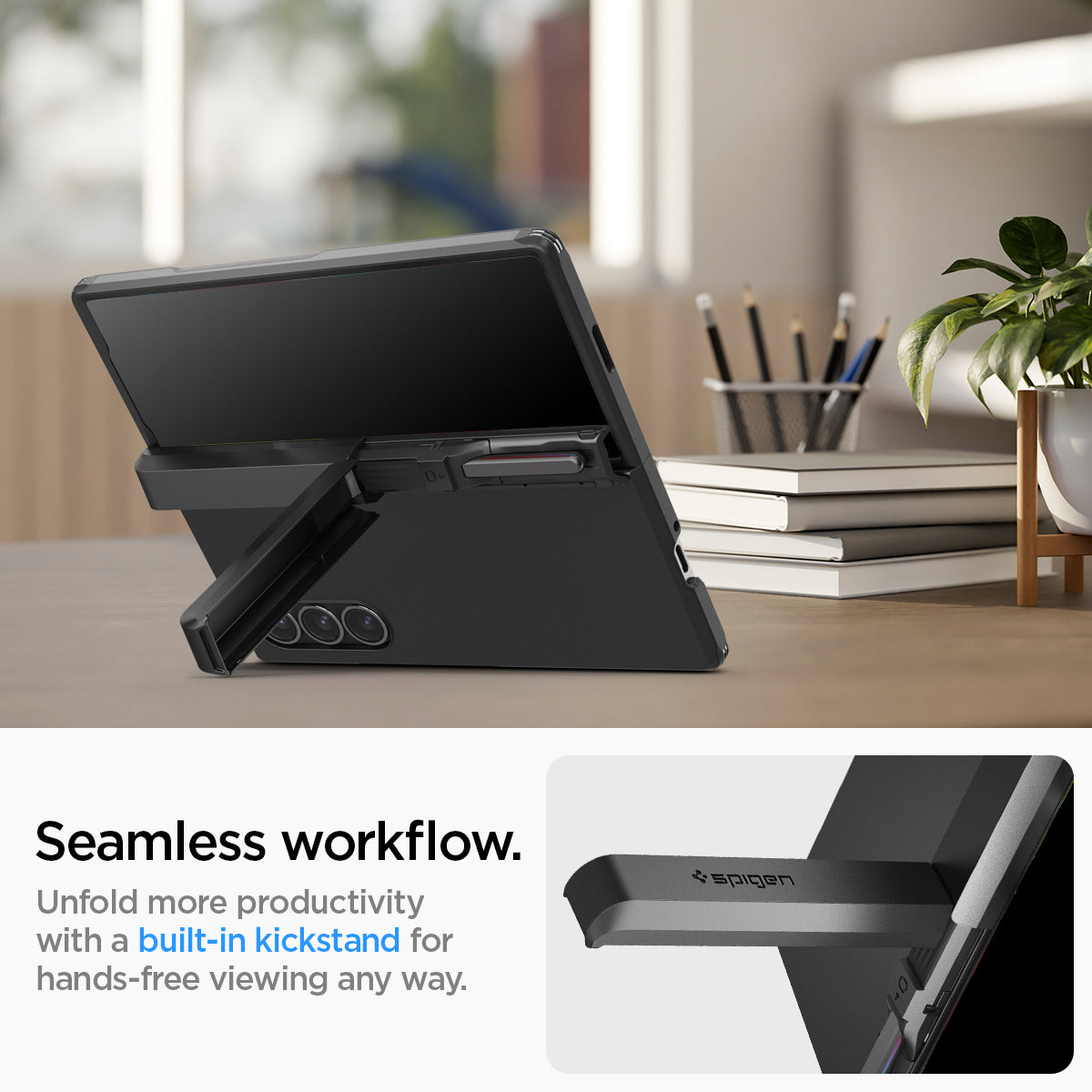 ACS07826 - Galaxy Z Fold 6 Case Tough Armor Pro P in Black showing the seamless workflow. Unfold more productivity with a built-in kickstand for hands-free viewing any way