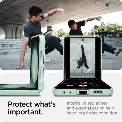 ACS06871 - Galaxy Z Flip 5 Case Air Skin in apple mint showing what's important. Internal raised edges and external casing help keep its pristine condition