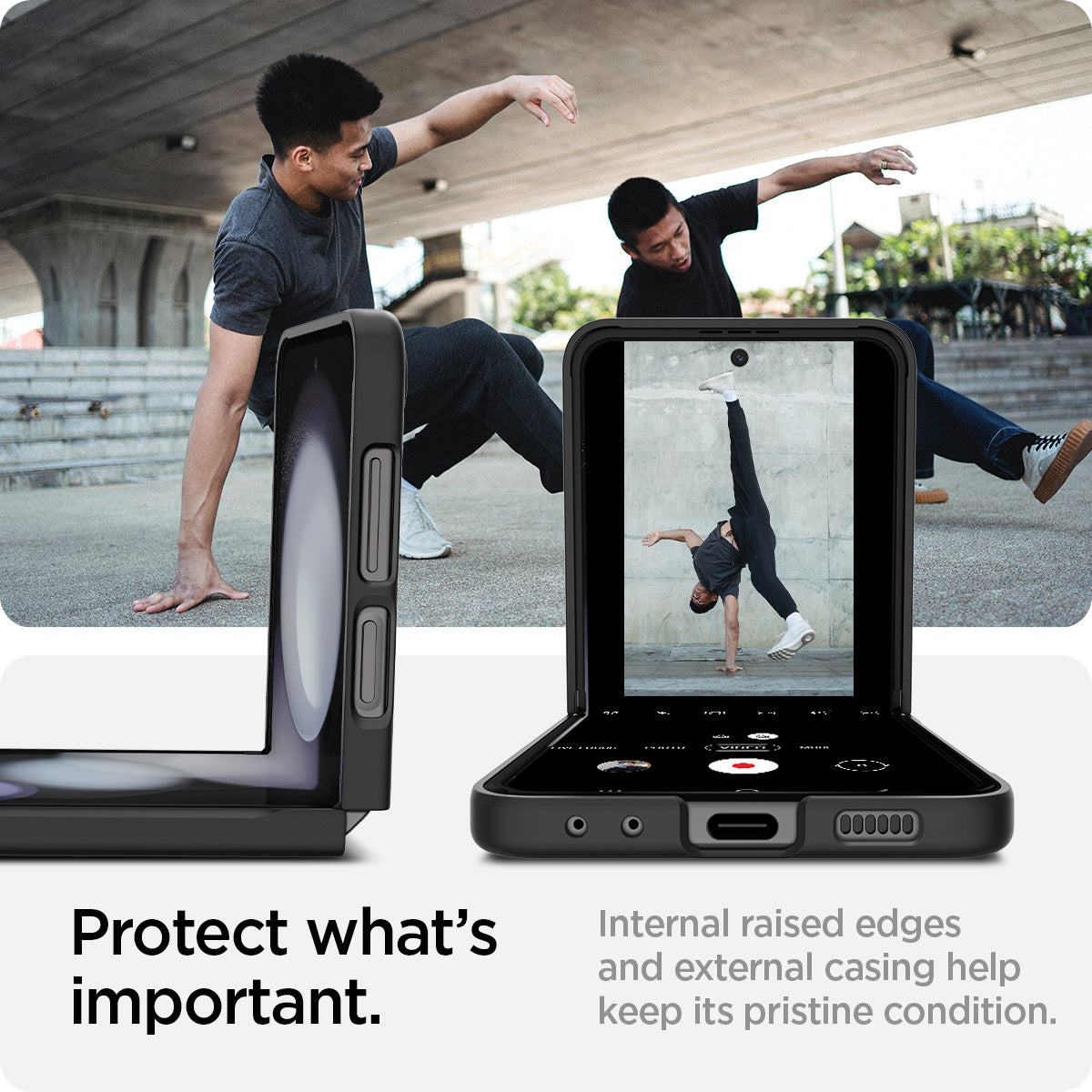 ACS06229 - Galaxy Z Flip 5 Case AirSkin in black showing protect what's important. Internal raised edges and external casing help keep its pristine condition