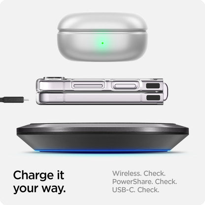 ACS06230 - Galaxy Z Flip 5 Case AirSkin in crystal clear showing the charge it your way. Wireless, PowerShare and USB-C all check