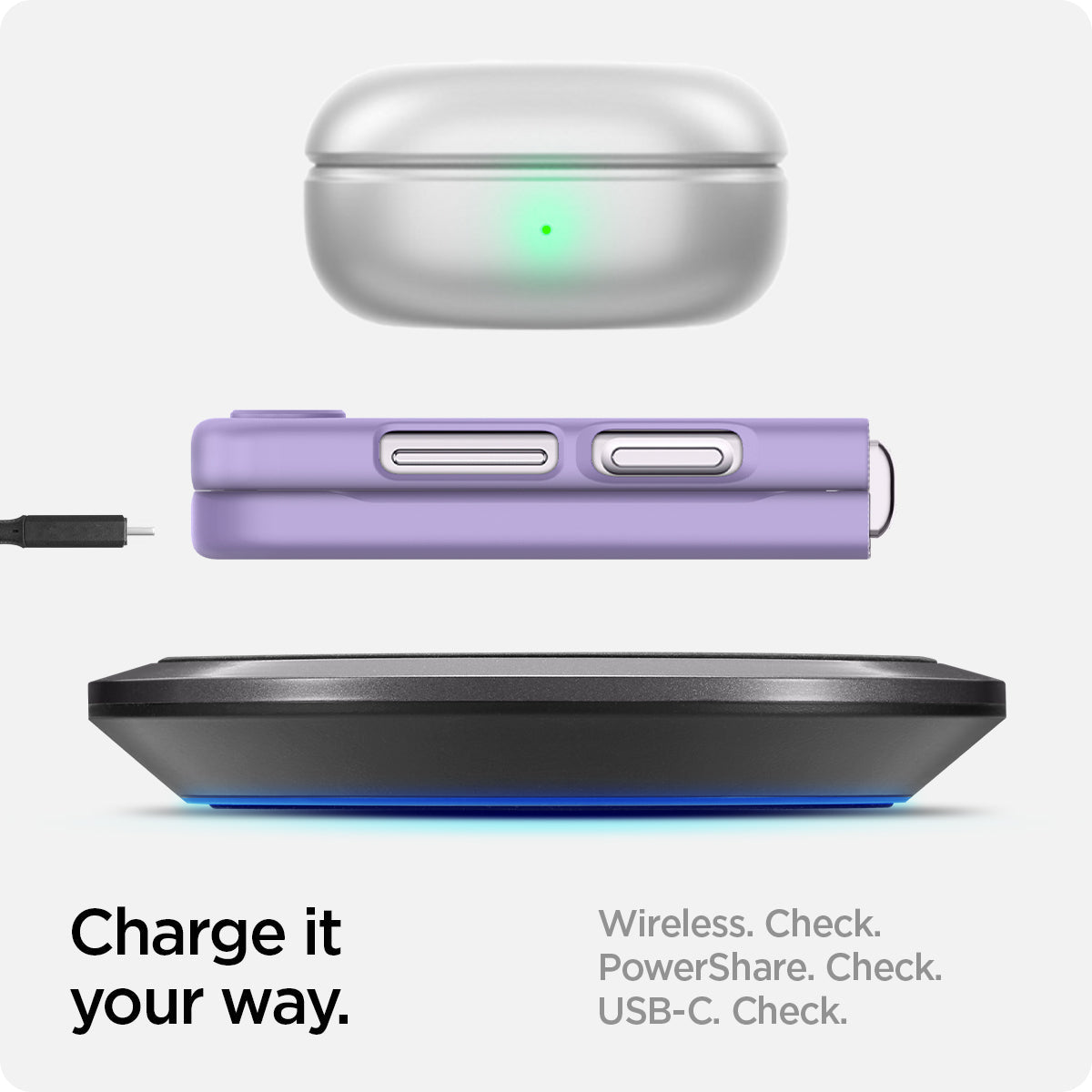 ACS06232 - Galaxy Z Flip 5 Case AirSkin in rose purple showing the charge it your way. Wireless, PowerShare and USB-C all check
