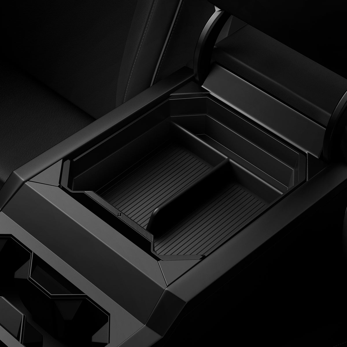 ACP07809 - Tesla Cybertruck Center Console Organizer Tray CO220T in Black showing the inner installed to the center console