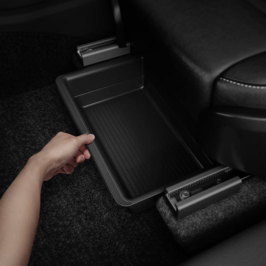 ACP05757 - Model Y (2021-2026) Underseat Storage Box | TO222 showing a hand installing it inside of car
