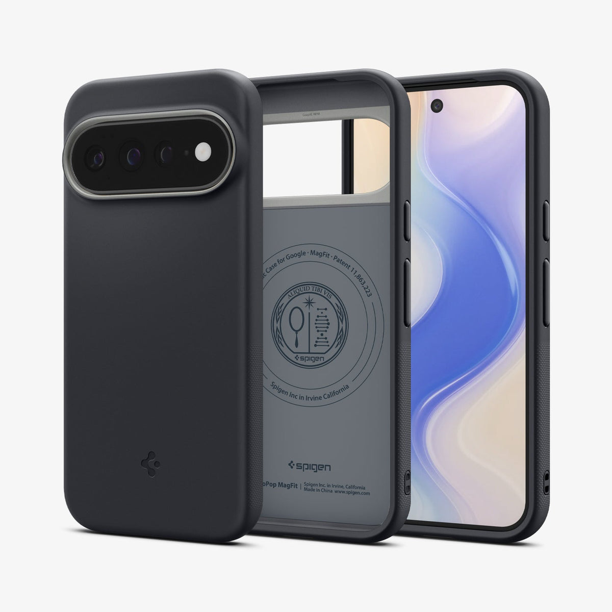 ACS11455 - Pixel 11 Pro XL Nano Pop (Mag Fit) Black Sesame front and back angled views show the slim profile, precise fit, and built in magnetic construction.