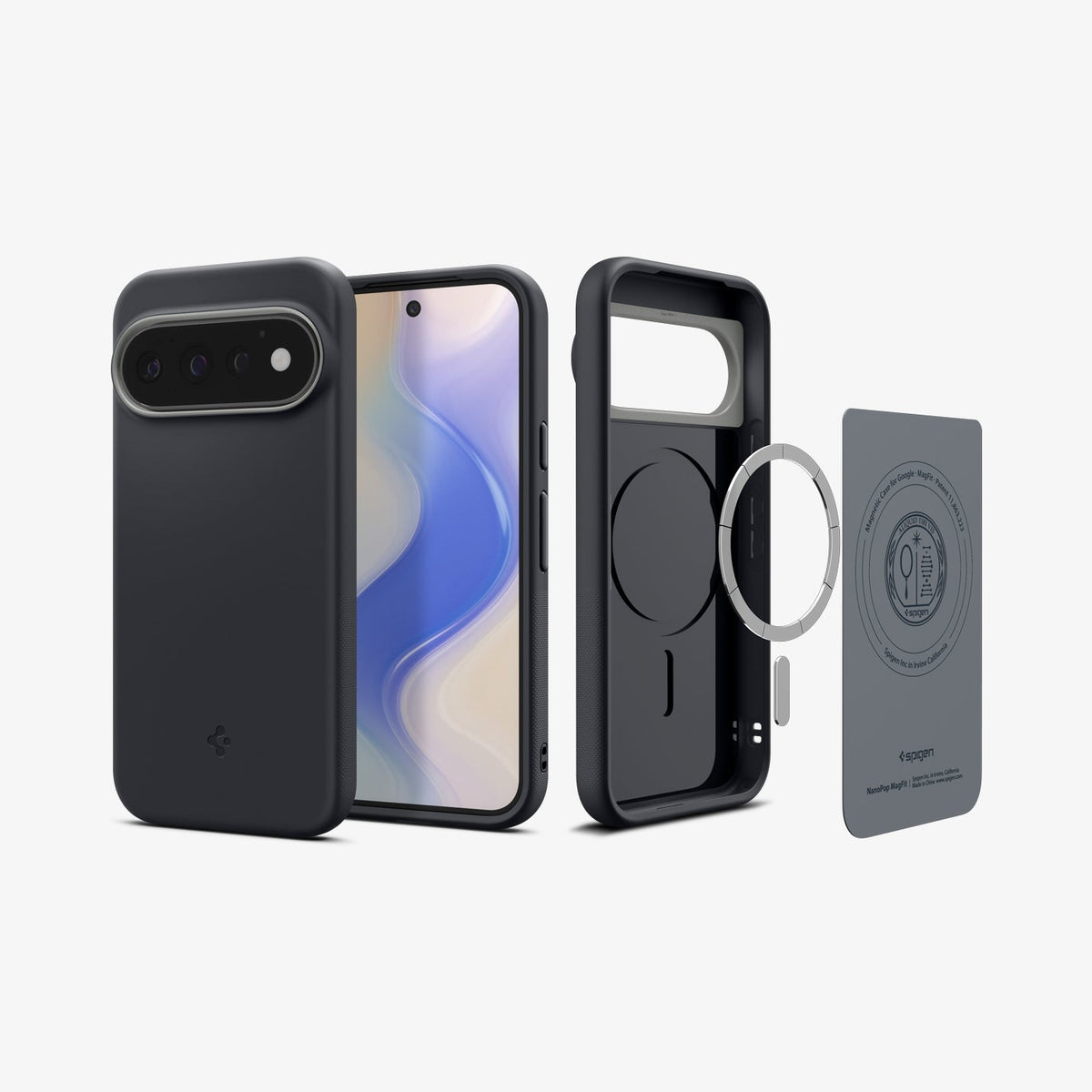 ACS11435 - Pixel 11 Pro Nano Pop (Mag Fit) Black Sesame front, back, and exploded views showing the magnetic construction and internal components of the case.