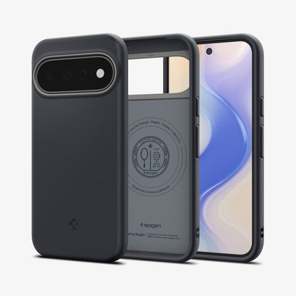 ACS11445 - Pixel 11 Nano Pop (Mag Fit) Black Sesame front and back angled views show the slim profile, precise fit, and built in magnetic construction.