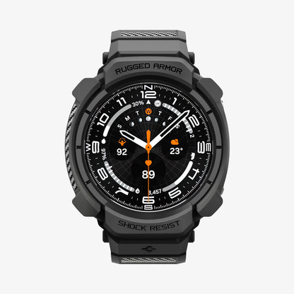 ACS11612 - Galaxy Watch Ultra Series - Rugged Armor Pro showing the Galaxy Watch Ultra with the Rugged Armor Pro case in Gray, front view on white background with "Rugged Armor" and "Shock Resist" text on the bumper.