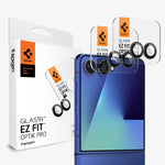 AGL09584 - Galaxy Z Flip 8 Series - Optik Pro EZ Fit showing the GLAS.tR EZ Fit Optik Pro 2-pack retail box alongside the camera lens protectors and the Galaxy Z Flip 8 in Blue.