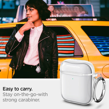 ASD01301 - Apple AirPods 1 / 2 Case Ultra Hybrid in jet white showing the easy to carry. Stay on-the-go with strong carabiner