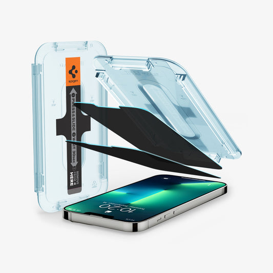 AGL02521 - iPhone 12 / iPhone 12 Pro Screen Protector EZ FIT GLAS.tR Privacy V2 showing the alignment tray, two privacy screen protectors, and device