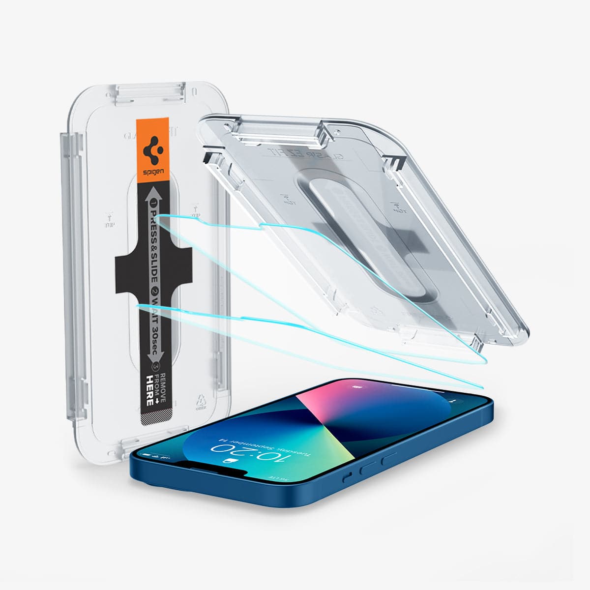 AGL03396 - iPhone 13 Mini Screen Protector EZ FIT GLAS.tR SLIM showing the device with two screen protectors and ez fit alignment tray