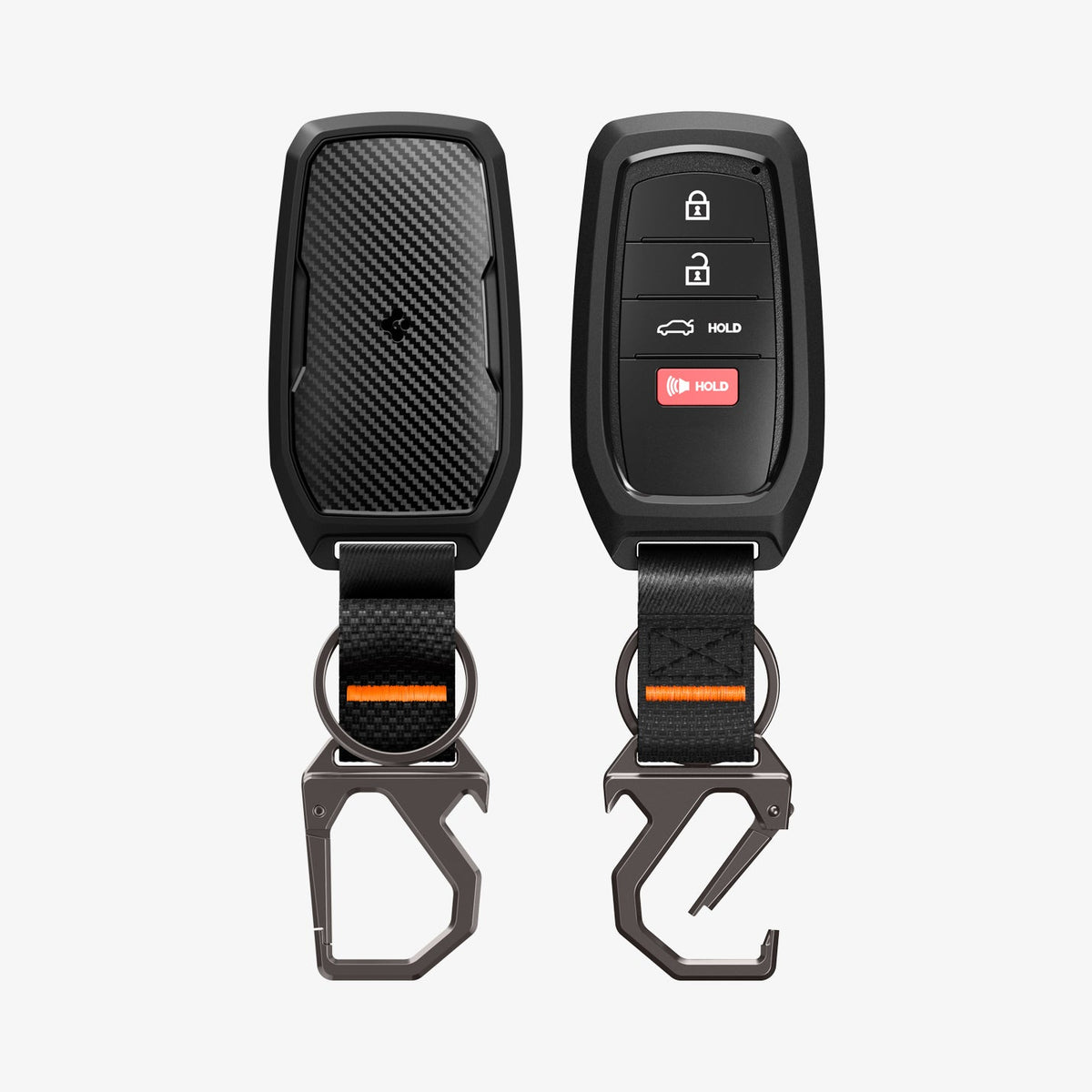 ACS11366 - Toyota Key Fob Cover | TK100 showing key fob cover front and back view with carbon fiber panel and carabiner keychain