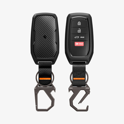 ACS11366 - Toyota Key Fob Cover | TK100 showing key fob cover front and back view with carbon fiber panel and carabiner keychain
