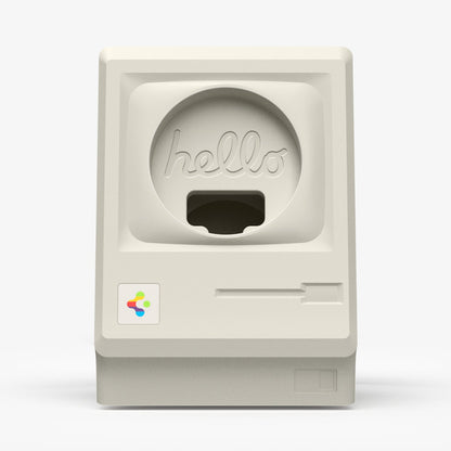 AMP11668 - Apple Watch Classic LS Charger Stand classic Macintosh inspired charger stand with retro computer details and circular charging cable opening.