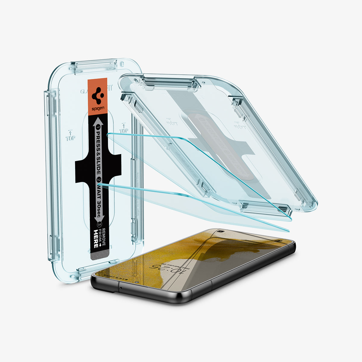 AGL05180 - Galaxy S22 EZ FIT GLAS.tR Screen Protector showing the device, two screen protectors and ez fit tray