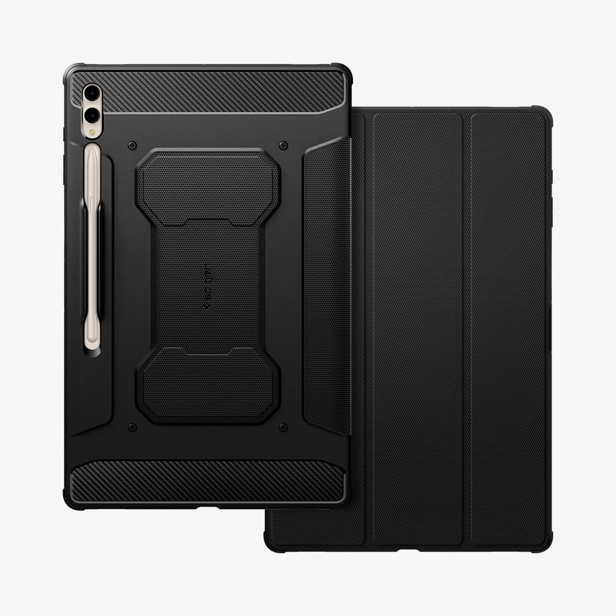 ACS06538 - Galaxy Tab S9 Ultra Case Rugged Armor Pro in black showing the back and front