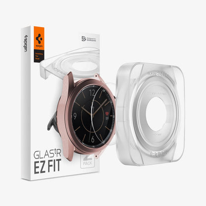 AGL01844 - Galaxy Watch 3 (41mm) Screen Protector EZ Fit GLAS.tR SLIM showing the packaging, watch face, screen protector, EZ Fit Tray