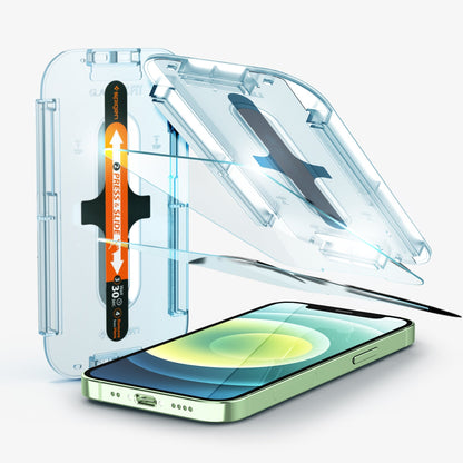 AGL01811 - iPhone 12 Mini Screen Protector EZ FIT GLAS.tR SLIM showing the tray, two screen protectors, and device