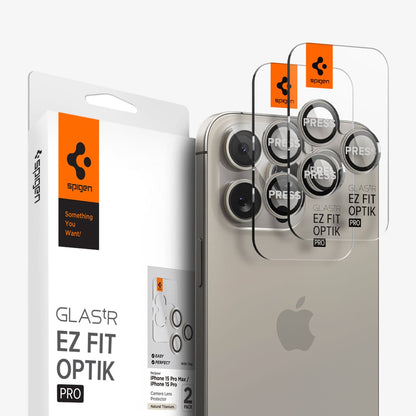 AGL07163 - iPhone 16 Pro / 16 Pro Max Optik Pro Lens Protector in natural titanium showing the device, two lens protectors and packaging