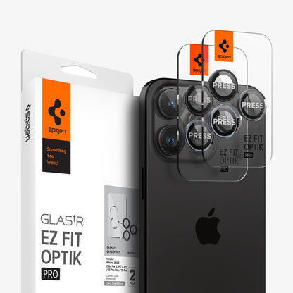 AGL06159 - iPhone 16 Pro / 16 Pro Max Optik Pro Lens Protector in zero one showing the device, two lens protectors and packaging