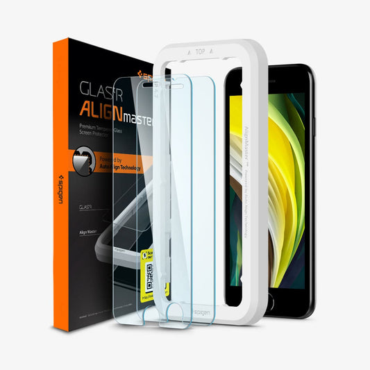 AGL01867 - iPhone 8 Alignmaster Full Cover Screen Protector showing the device, alignmaster tray, two screen protectors and packaging
