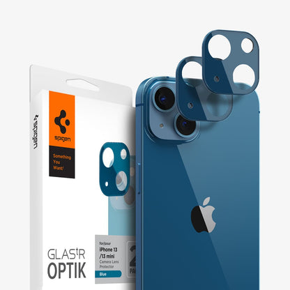 AGL04037 - iPhone 13 Mini / iPhone 13 Optik Lens Protector in blue showing the packaging, device and two lens protectors