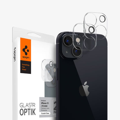 AGL04105 - iPhone 13 Mini / iPhone 13 Optik Lens Protector in crystal clear showing the packaging, device and two lens protectors