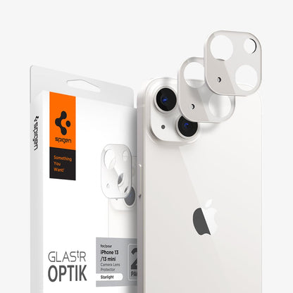 AGL04038 - iPhone 13 Mini / iPhone 13 Optik Lens Protector in starlight showing the packaging, device and two lens protectors