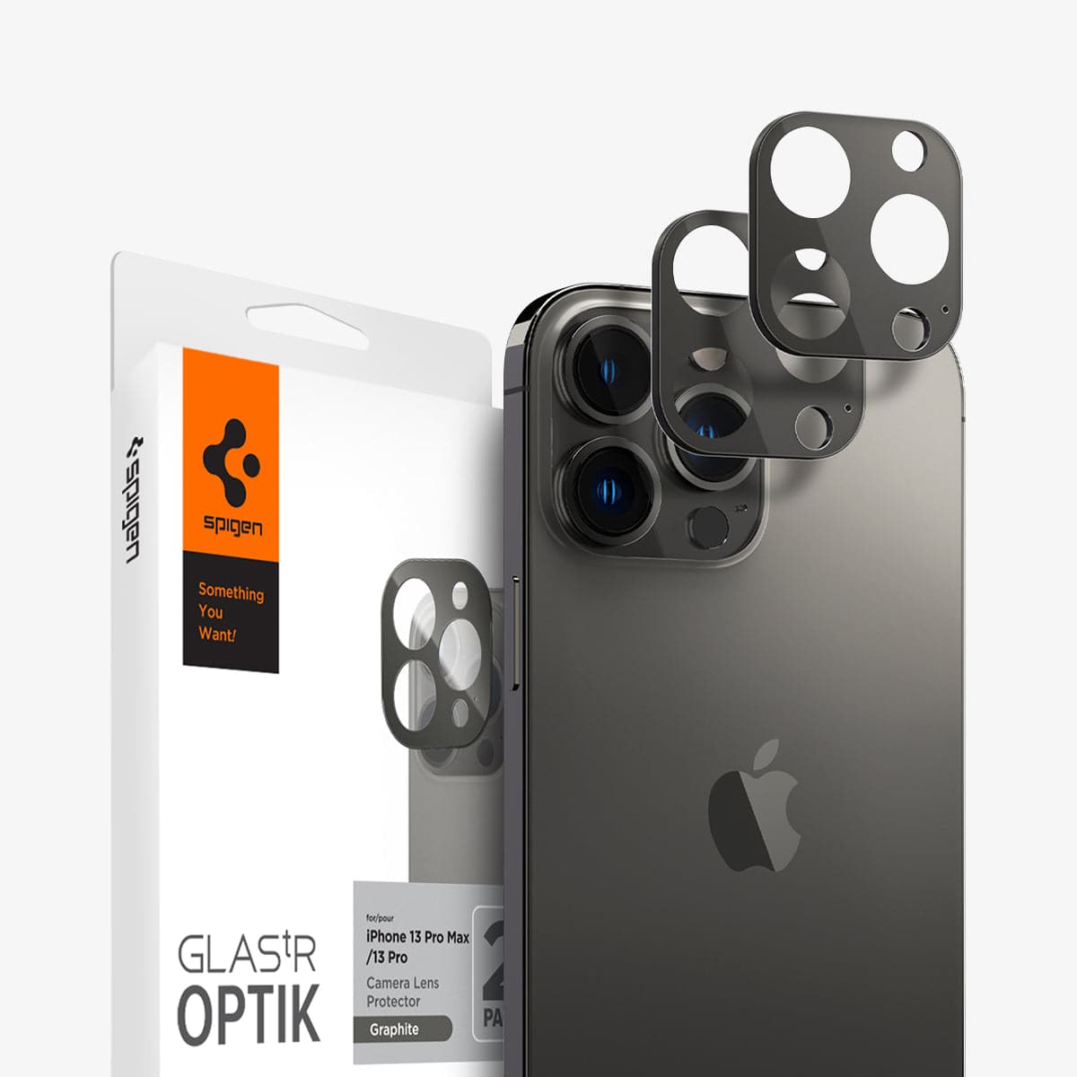 AGL04035 - iPhone 13 Pro Max / iPhone 13 Pro Optik Lens Protector in graphite showing the packaging, device and two lens protectors