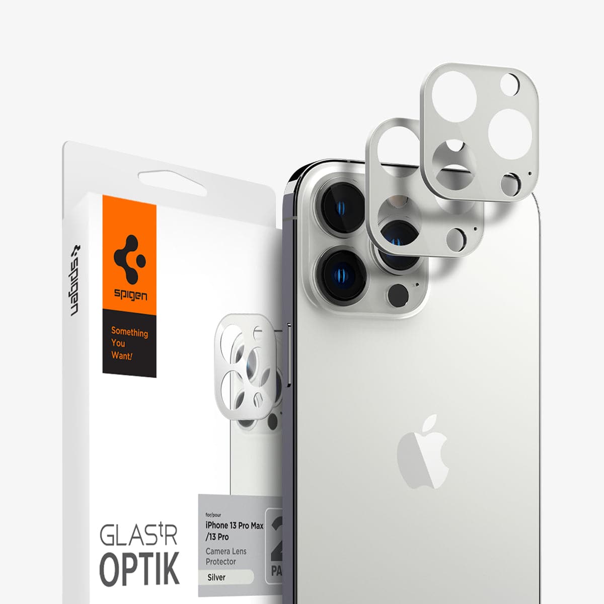 AGL04033 - iPhone 13 Pro Max / iPhone 13 Pro Optik Lens Protector in silver showing the packaging, device and two lens protectors