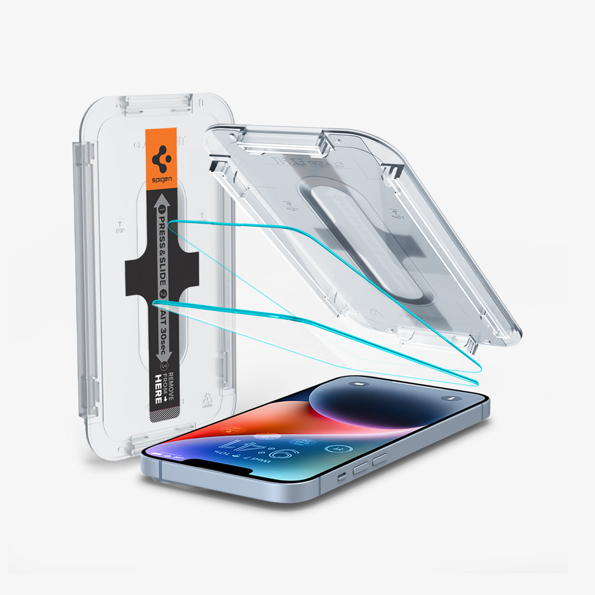 AGL03376 - iPhone 14 Plus Screen Protector EZ FIT GLAS.tR (Sensor Protection) showing the device, two screen protectors, and ez fit tray