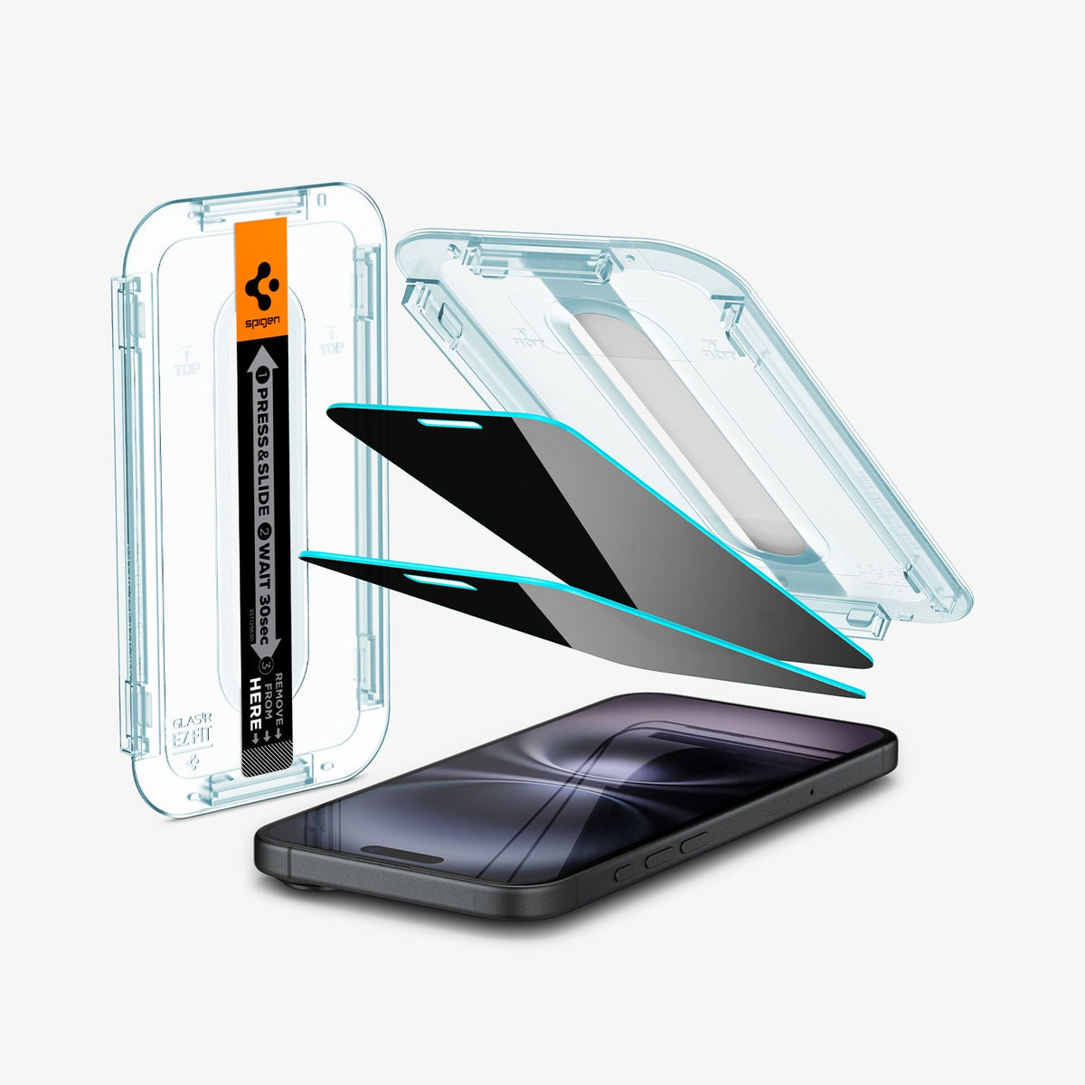 AGL06885 - iPhone 16 Plus GLAS.tR EZ Fit Privacy showing the installation tray hovering above the 2 screen protector and the device, beside it is another installation tray