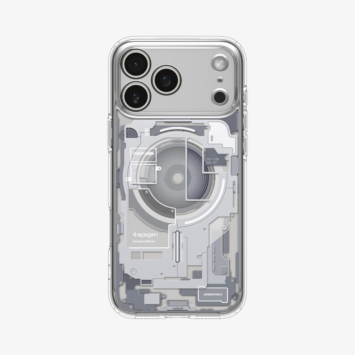 ACS10071 - iPhone 18 Pro / iPhone 17 Pro Ultra Hybrid Zero One (MagFit) White showing a clear case with a detailed teardown-inspired back design and integrated magnetic ring