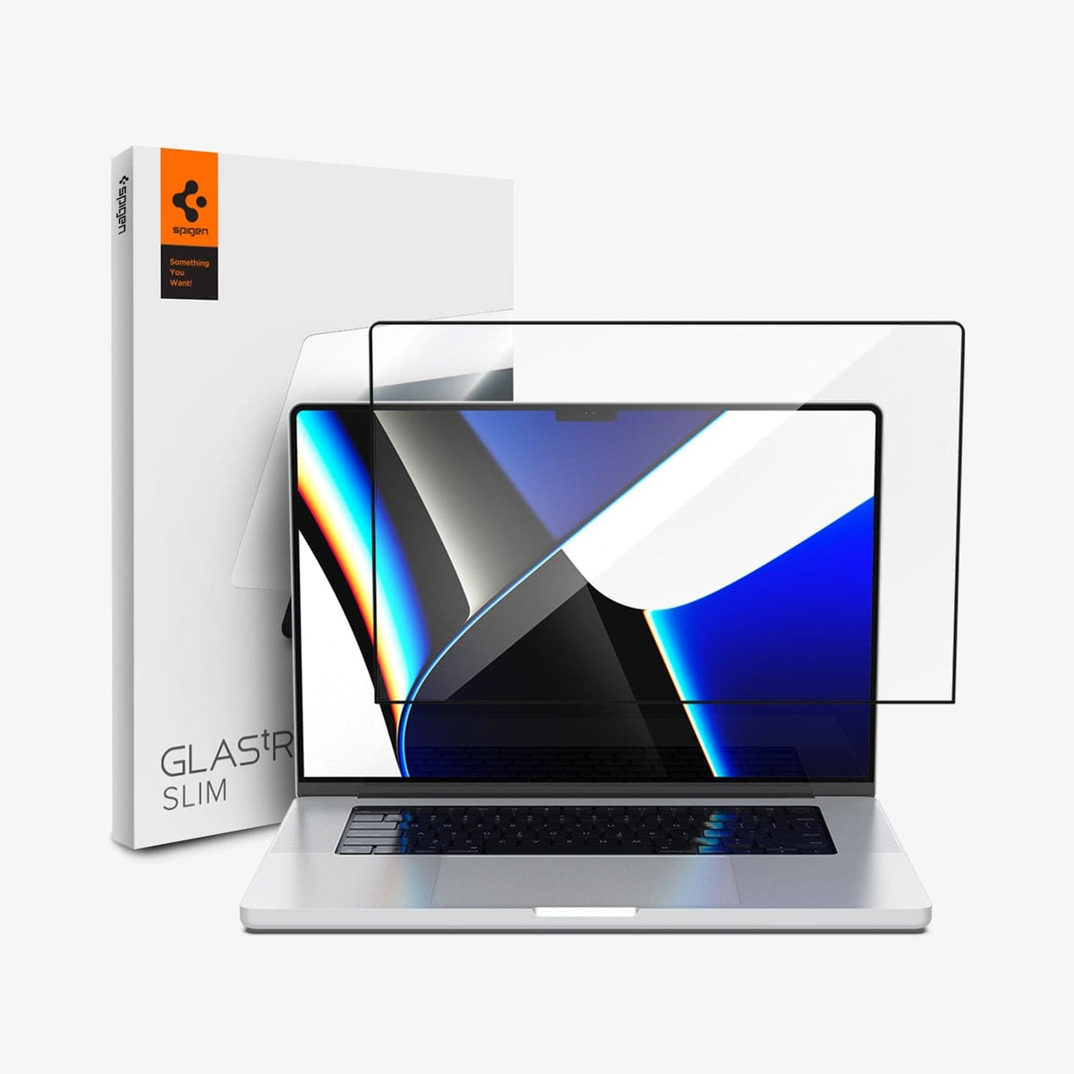 AGL04234 - MacBook Pro 14-inch (2023) GLAS.tR SLIM in Clear showing the front of tempered glass hovering in front of a device and the packaging