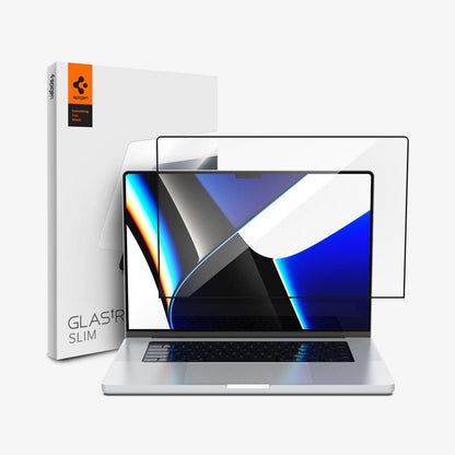 AGL04234 - MacBook Pro 14-inch (2023) GLAS.tR SLIM in Clear showing the front of tempered glass hovering in front of a device and the packaging