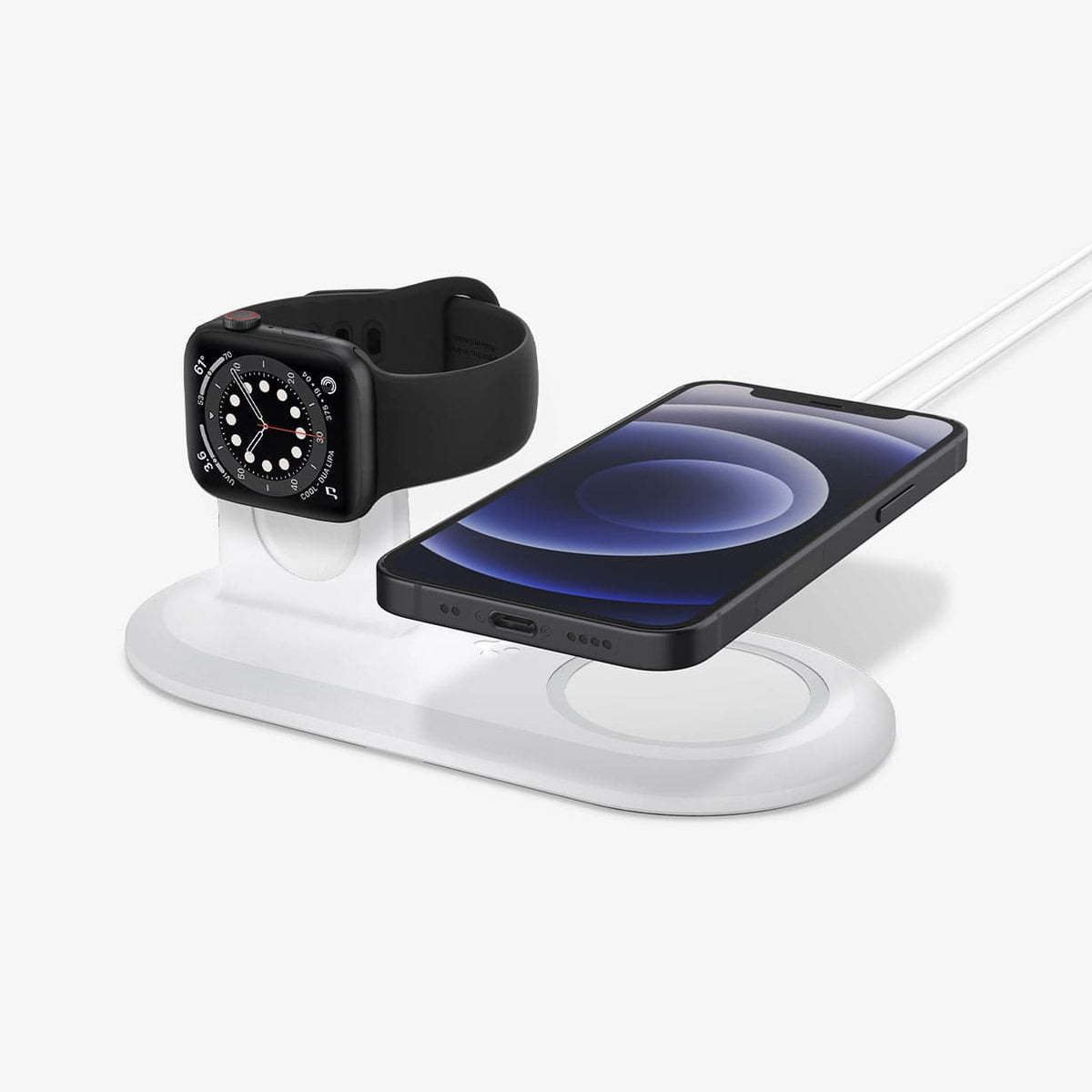 AMP02797 - Mag Fit Duo in white showing the front with Apple Watch and iPhone hovering above charger