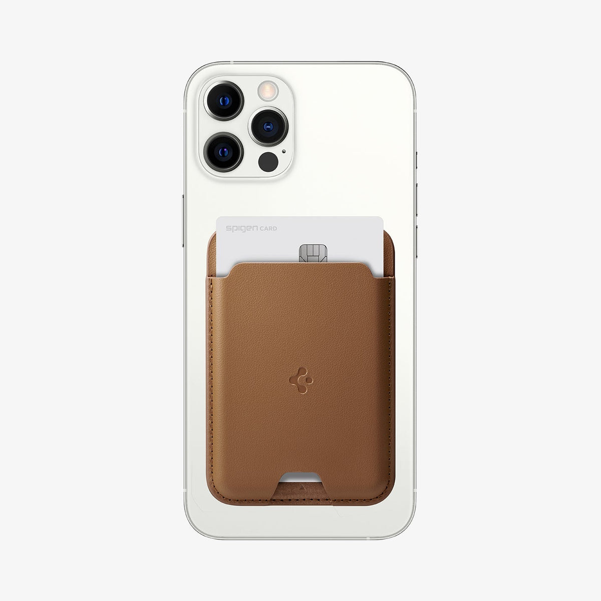 AFA03854 - MagSafe Card Holder Valentinus (MagFit) in brown showing the card holder attached to back of device