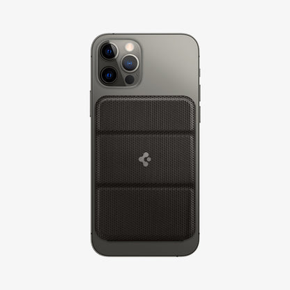 AMP02766 - MagSafe Card Holder Smart Fold Wallet (MagFit) in gunmetal showing the wallet attached to back of device