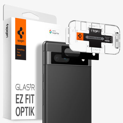 AGL05970 - Pixel 7a Glas.tR EZFit Optik Lens Protector in black showing the device, optik lens protectors, ez fit tray and packaging