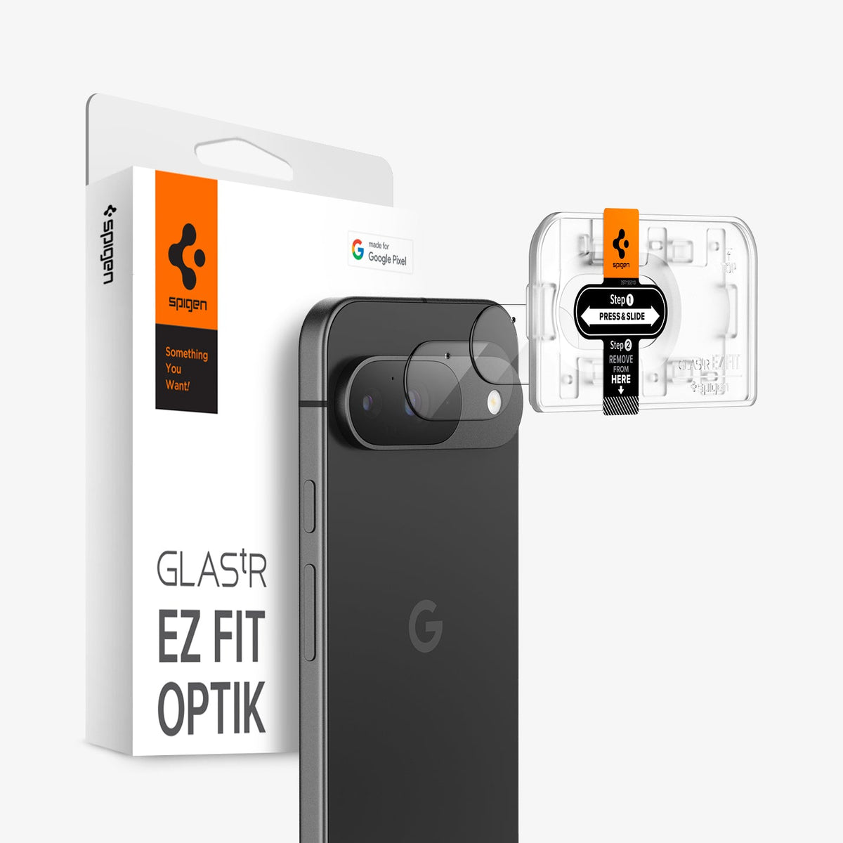 AGL08443 - Pixel 9 Case Optik EZ Fit Lens Protector in Crystal Clear showing the installation tray hovering in front of the lens protector and the device, behind it, is the packaging